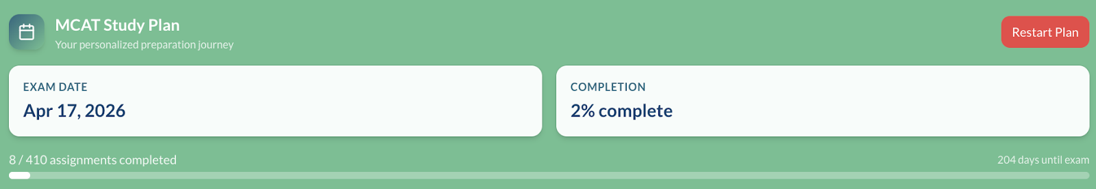 progress tracking inside mcatstudyplanner.com