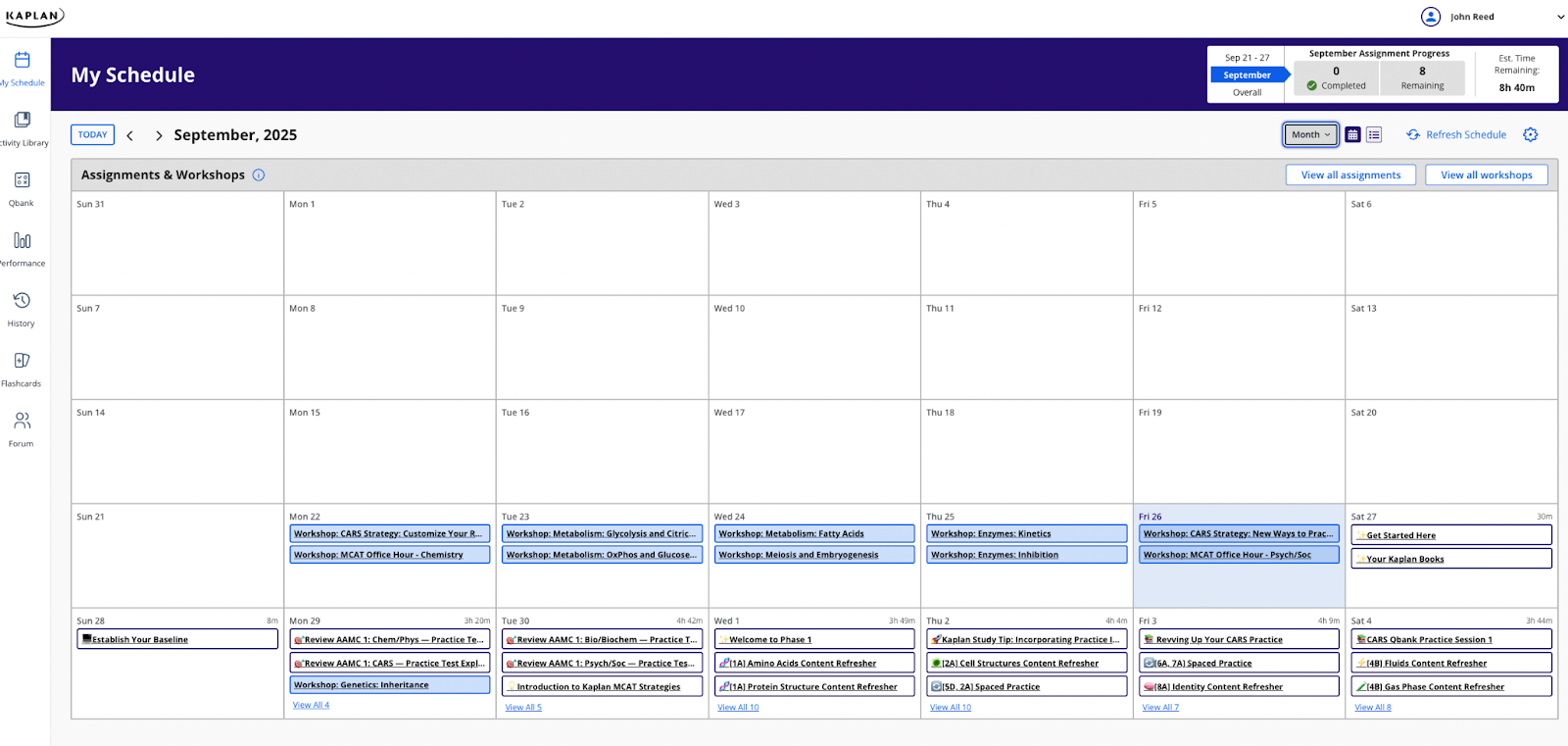 kaplan mcat study planner calendar view