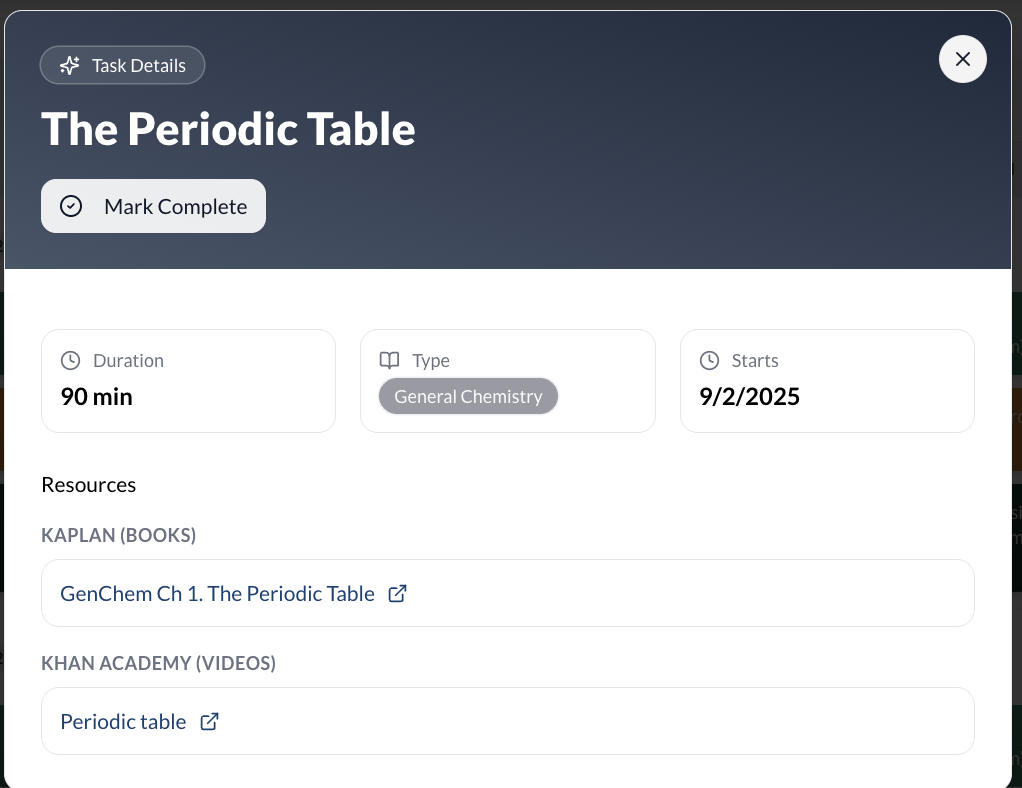 screenshot of a task inside mcatstudyplanner.com calendar