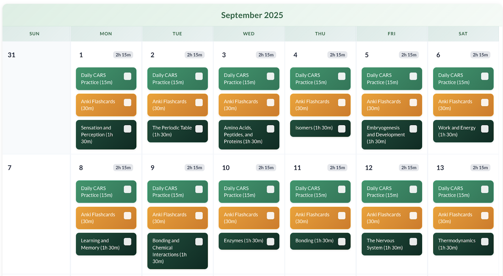 example of calendar for mcat study planner tool