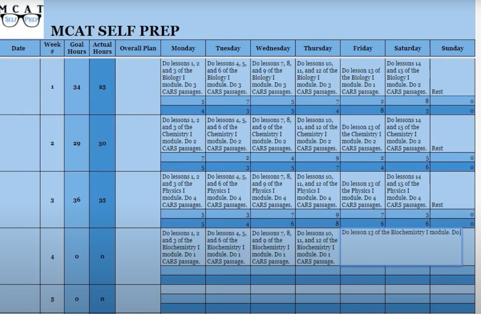 calendar view of mcat self prep scheduling tool